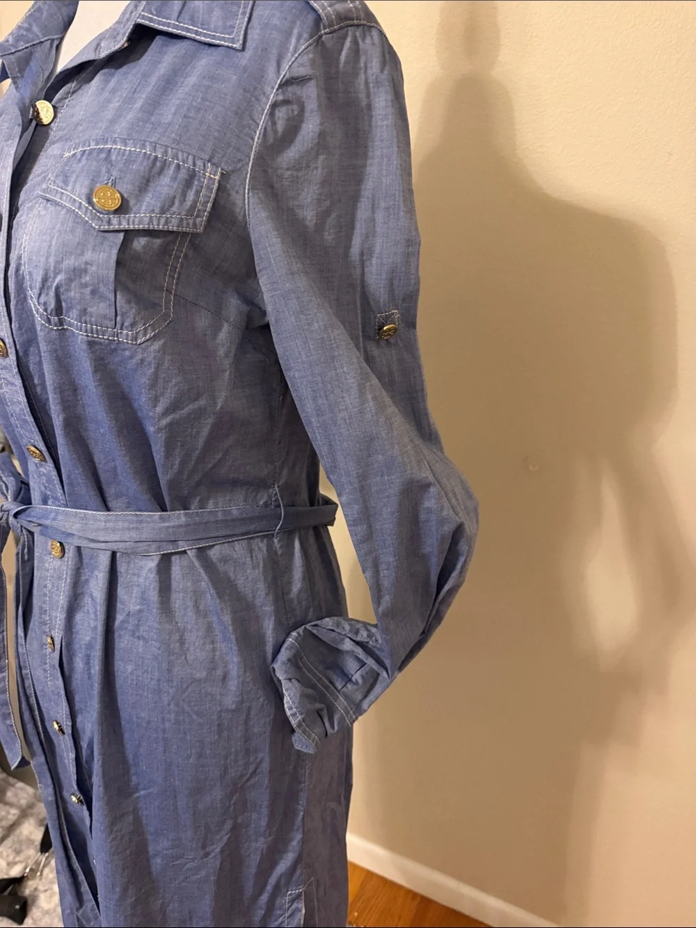Tory Burch Blue Denim Button-Front Shirt Dress with Tie Waist